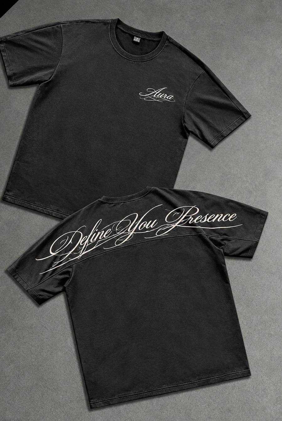 AURA script tee in cream on washed black