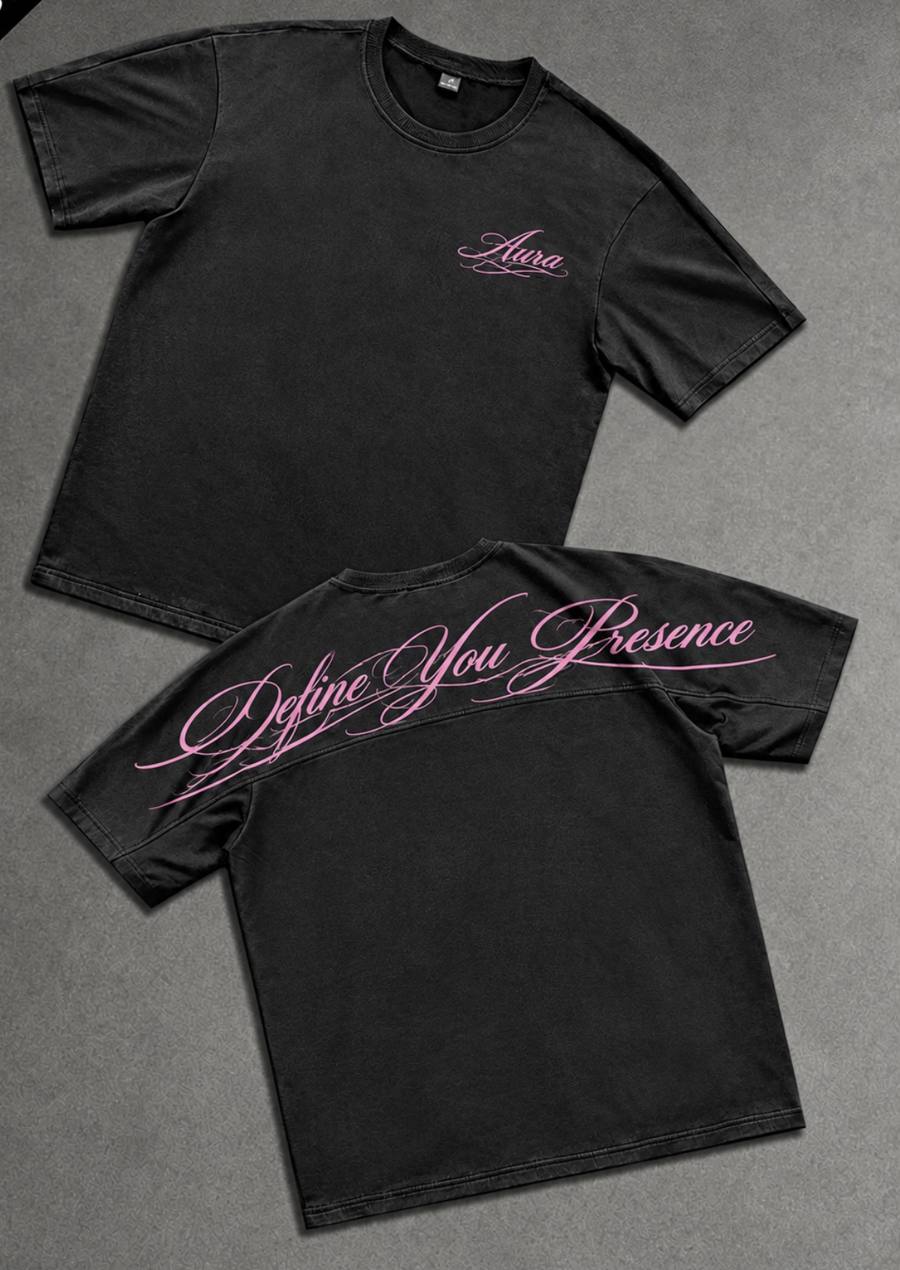 AURA script tee in pink on washed black